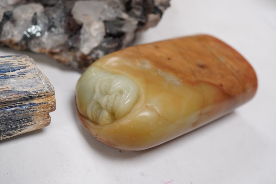 A Chinese bronze small vase, 19th century, rose quartz-14cm and Kyanite specimens, a soapstone seal and a glass snuff bottle